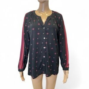 J.Jill Printed Knit Button FrontWomen's Black and Medallion Patterned Top size L